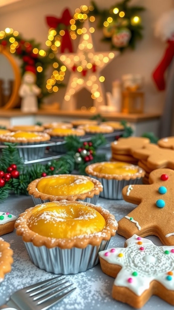 A variety of Christmas baked treats including mince pies and gingerbread cookies on a festive table.